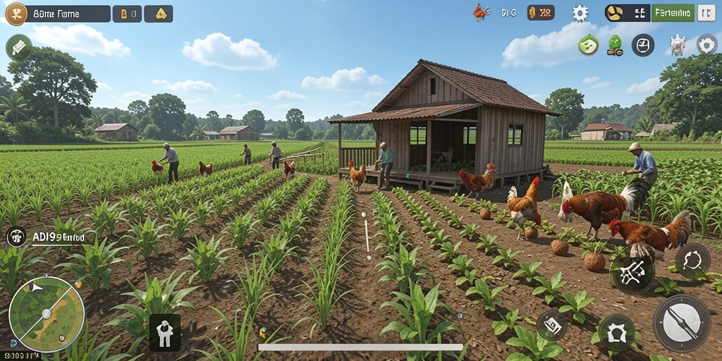 Tangkapan layar gameplay ADI99 menampilkan aktivitas bertani yang seru.