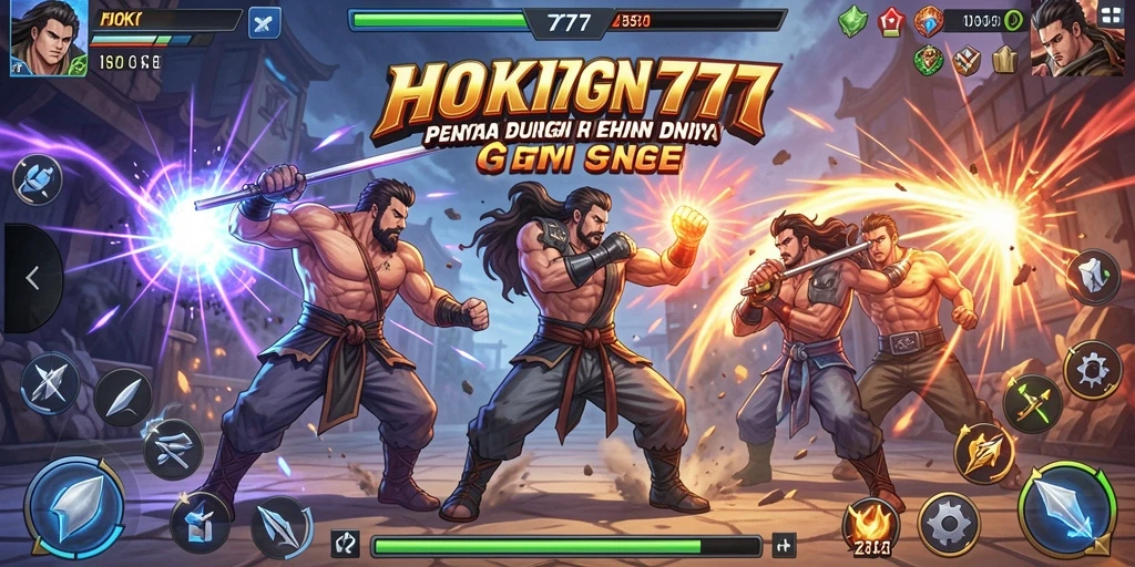 Screenshot HOKI777 menampilkan karakter bertarung dengan latar belakang arena yang menakjubkan.