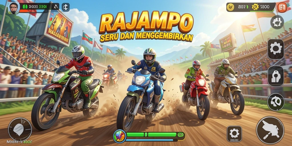 Screenshot utama game RAJAMPO menampilkan aksi balapan yang mendebarkan.